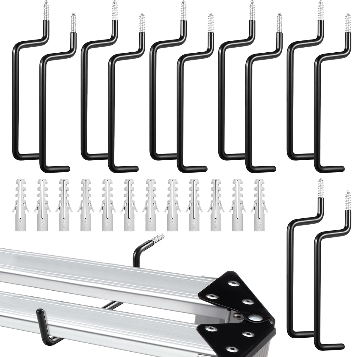 12 Pcs Black Heavy Duty Ladder Hooks Screw in Storage Hanger Wall Mount Heavy Duty Shelf Organizer for Bike Foldable Chair Garage Organization Vinyl Coated for Wall, Ceiling