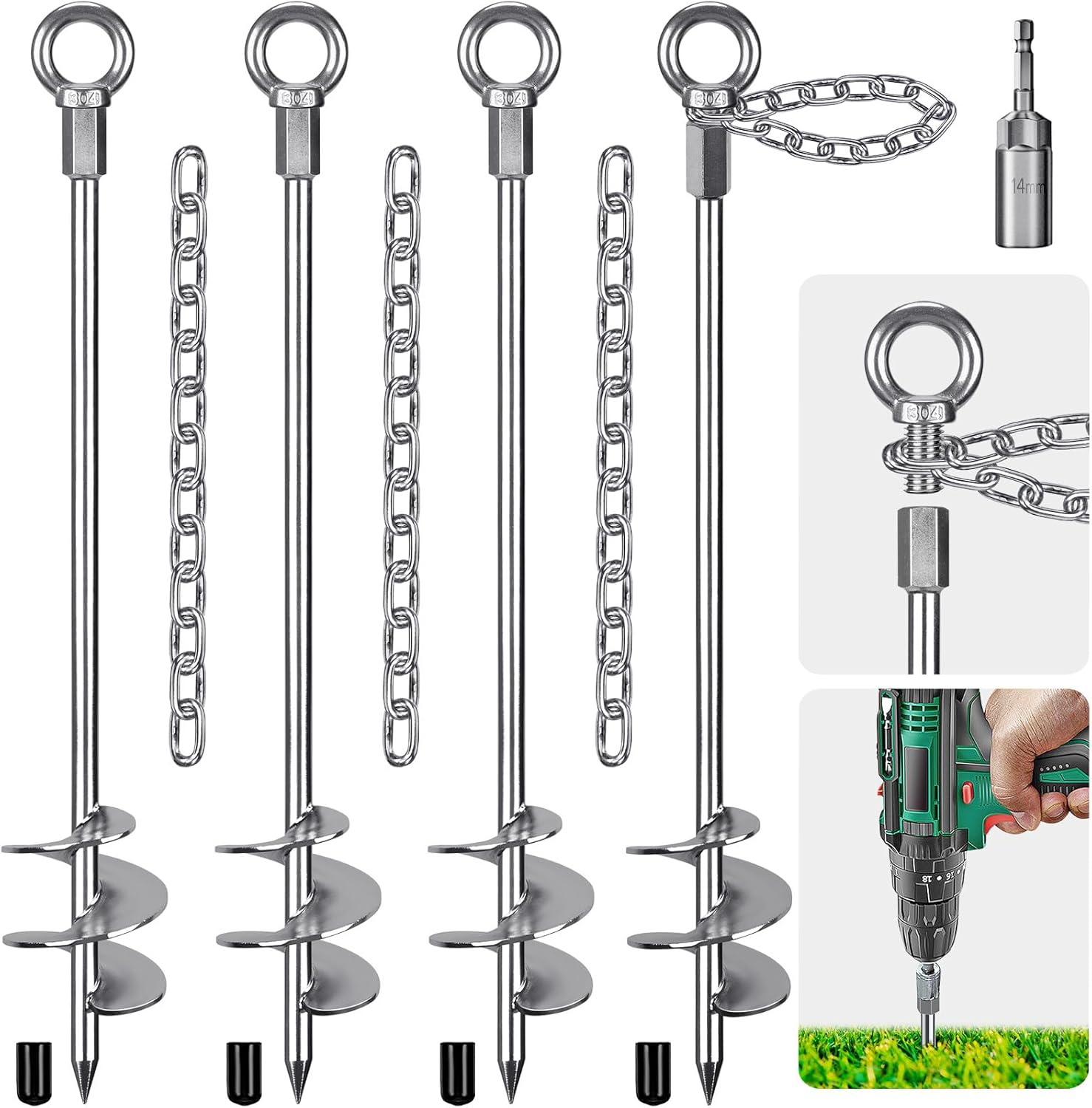 30 Ground Anchors Screw in with Chain, Heavy Duty Trampoline Stakes, 4pcs Trampoline Anchors, Mobile Home Anchors for Camping Tents, Carports, Sheds, Swing Sets 30 Ground Anchors Screw in with Chain, Heavy Duty Trampoline Stakes, 4pcs Trampoline Anchors, Mobile Home Anchors for Camping Tents, Carports, Sheds, Swing Sets