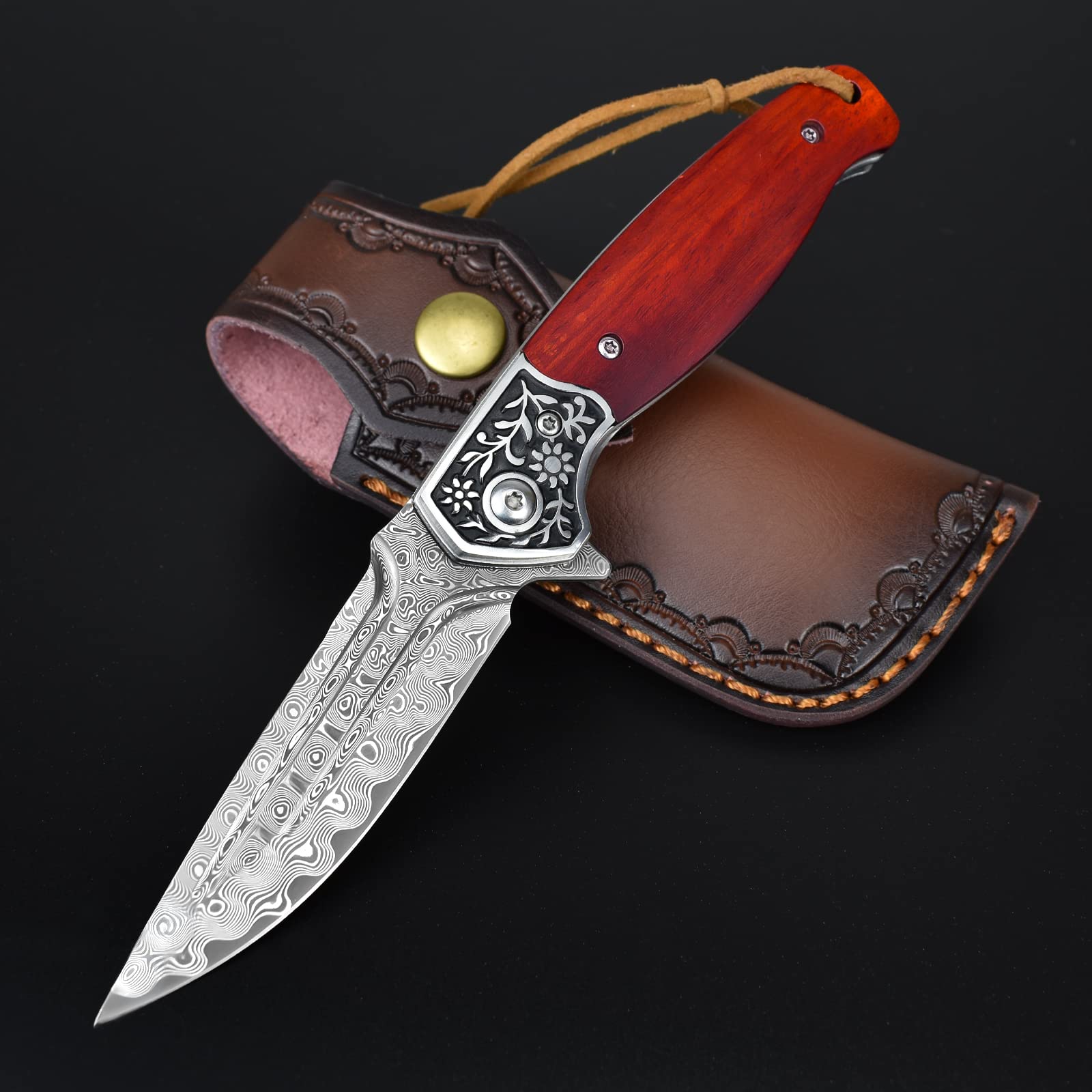 Amazon.com: KOMWERO Damascus Pocket Knife, VG10 Damascus Steel Folding Knife  with Wood Handle, Liner Lock, Gift Box, Leather Sheath, EDC Knife for  Outdoor Survival Hunting Collection : Everything Else