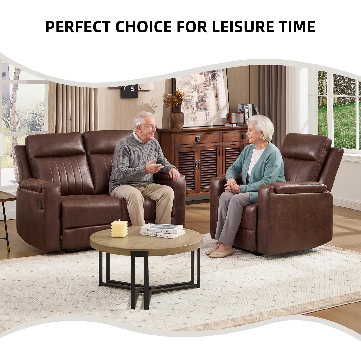 Manual Faux Leather Recliner Chair and 58 Loveseat Storage Cup Holder Red Brown image 2