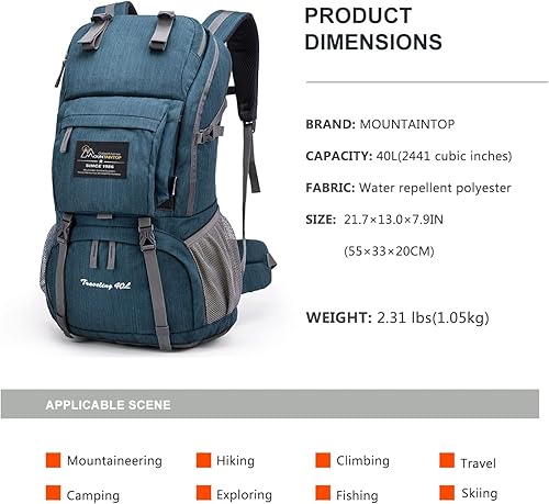 Miniatura 2 de MOUNTAINTOP Mochila de senderismo de 40L Mochila de viaje ligera para hombres y mujeres al aire libre camping mochilero con cubierta de lluvia