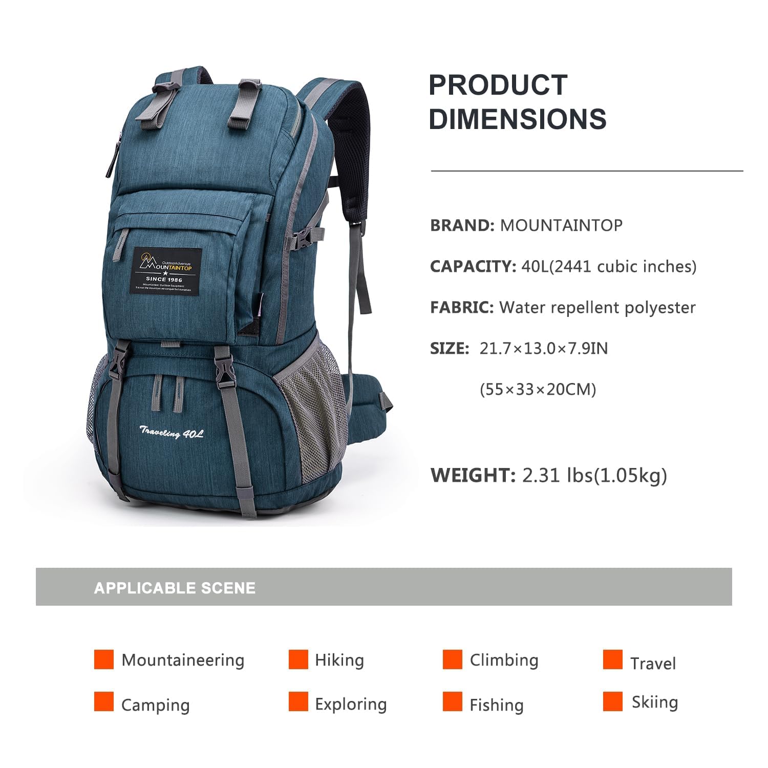 MOUNTAINTOP Mochila de senderismo de 40 litros para mujeres y hombres, para viajes al aire libre, camping, mochila de día con cubierta para la lluvia, 21.7 x 13 x 7.9 pulgadas, color azul ahumado