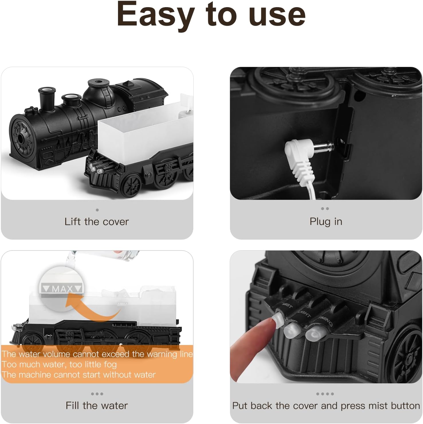 Essential Oil Diffuser Train Diffuser 300ml, Train Humidifier, Aromatherapy Diffuser Cool Mist Aromatherapy with 2 Light 2 Mist Mode Auto Shut-Off, Remote Included for Office Baby Home (Black)