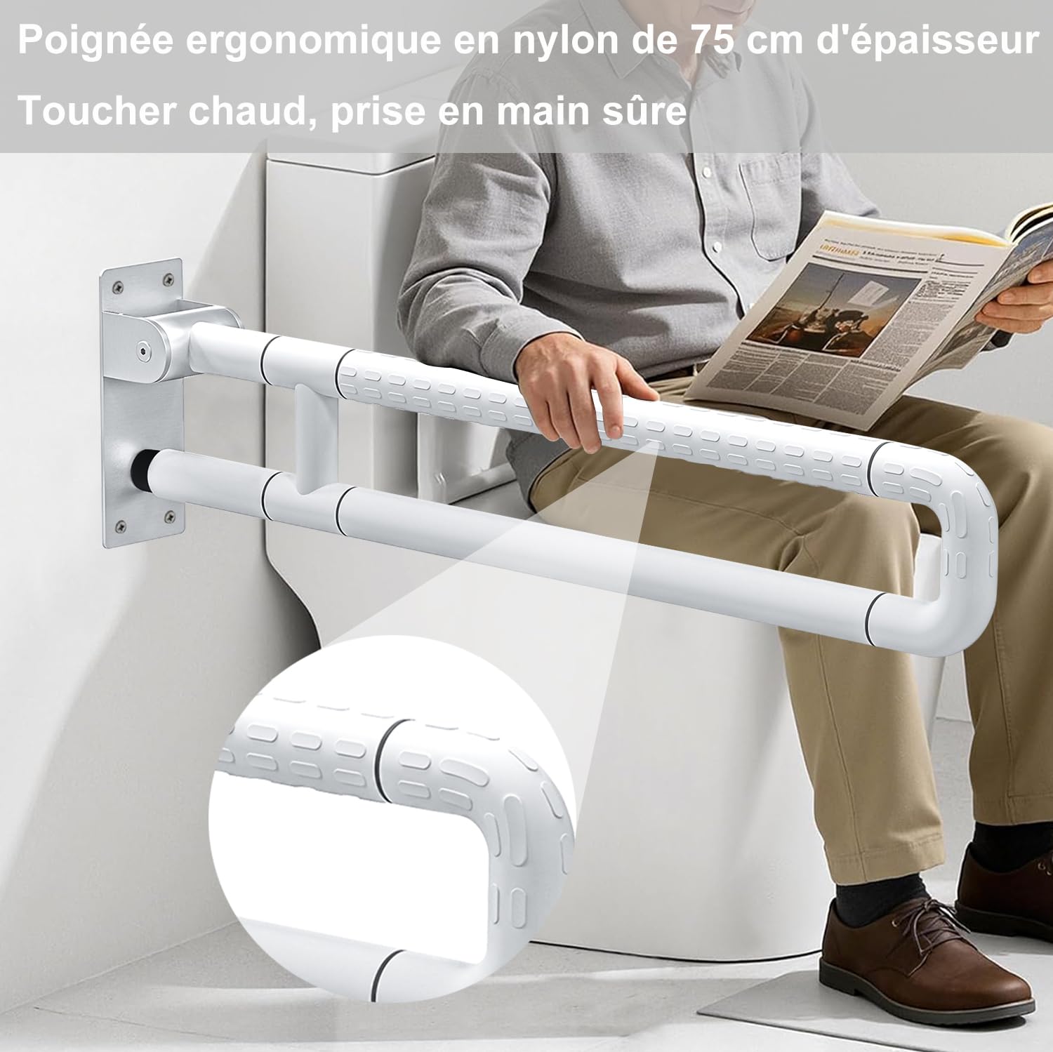 Barra de apoyo de inodoro de 75 cm, barra de soporte plegable para inodoro y baño, soporte rígido de 300 a 350 kg, acero inoxidable con superficie antideslizante para personas mayores y personas
