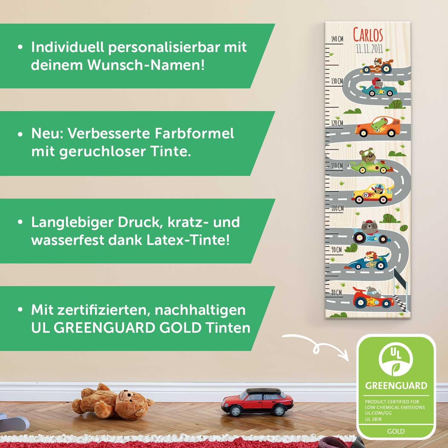 GRAVURZEILE Messlatte für Kinder aus Holz - Rennauto Design - mit Namen für Kinderzimmer - Skala misst 80-140 cm - Größe 20 x 70 x 2 cm - Geschenk zur Geburt für Mädchen & Jungen
