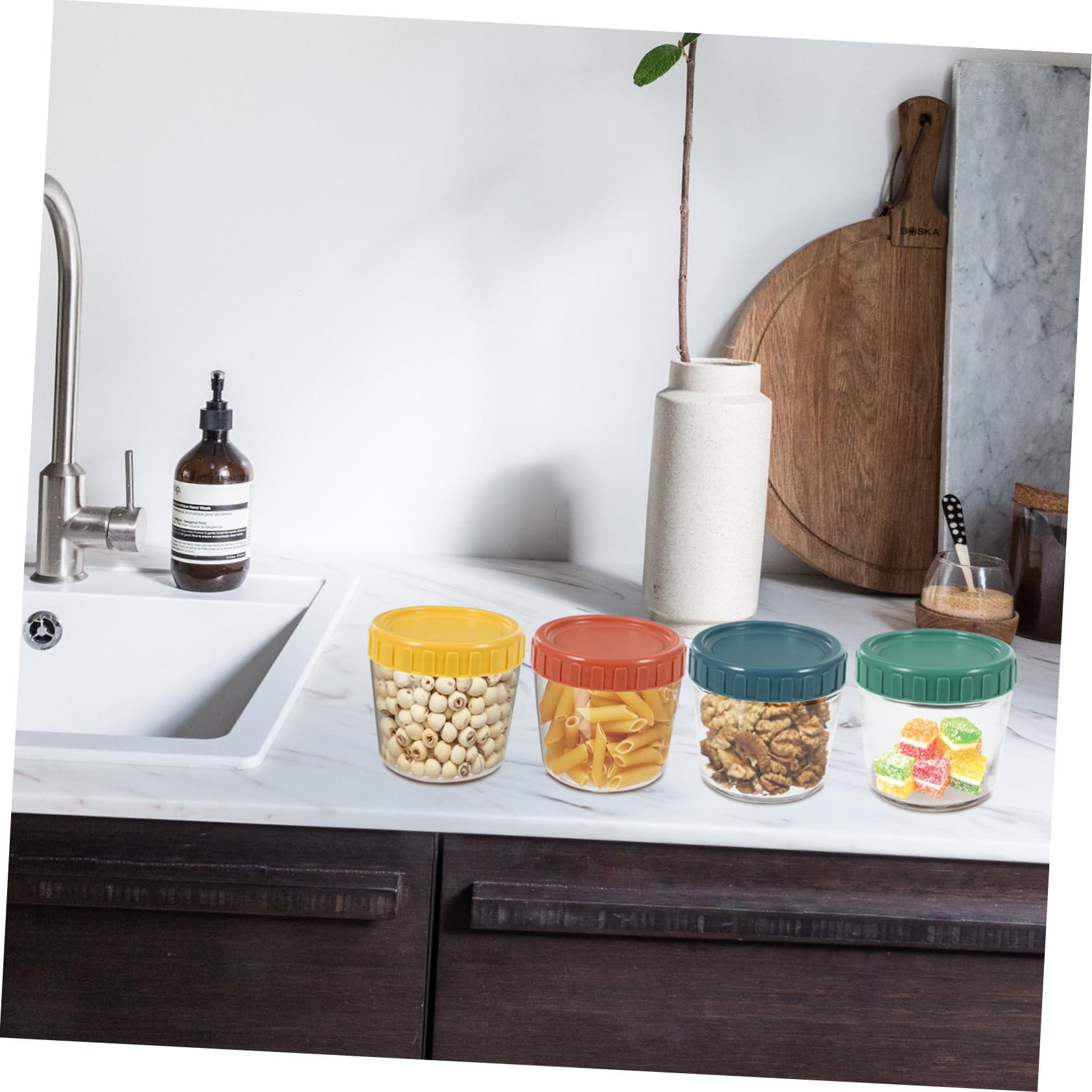 4 piezas Recipientes de Almacenamiento de Vidrio con Tapa y Apilables Tarros de Almacenamiento Reutilizables para Especias y Incluye Funda de Sellado