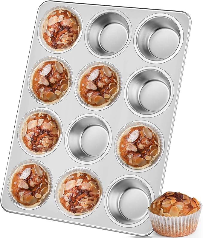 Leonyo 12-Cup Cupcake Pan, Stainless Steel Standard Size Cupcake Pans Tray for Baking, Metal Non-Toxic Muffin Tins, Dishwasher Oven Safe