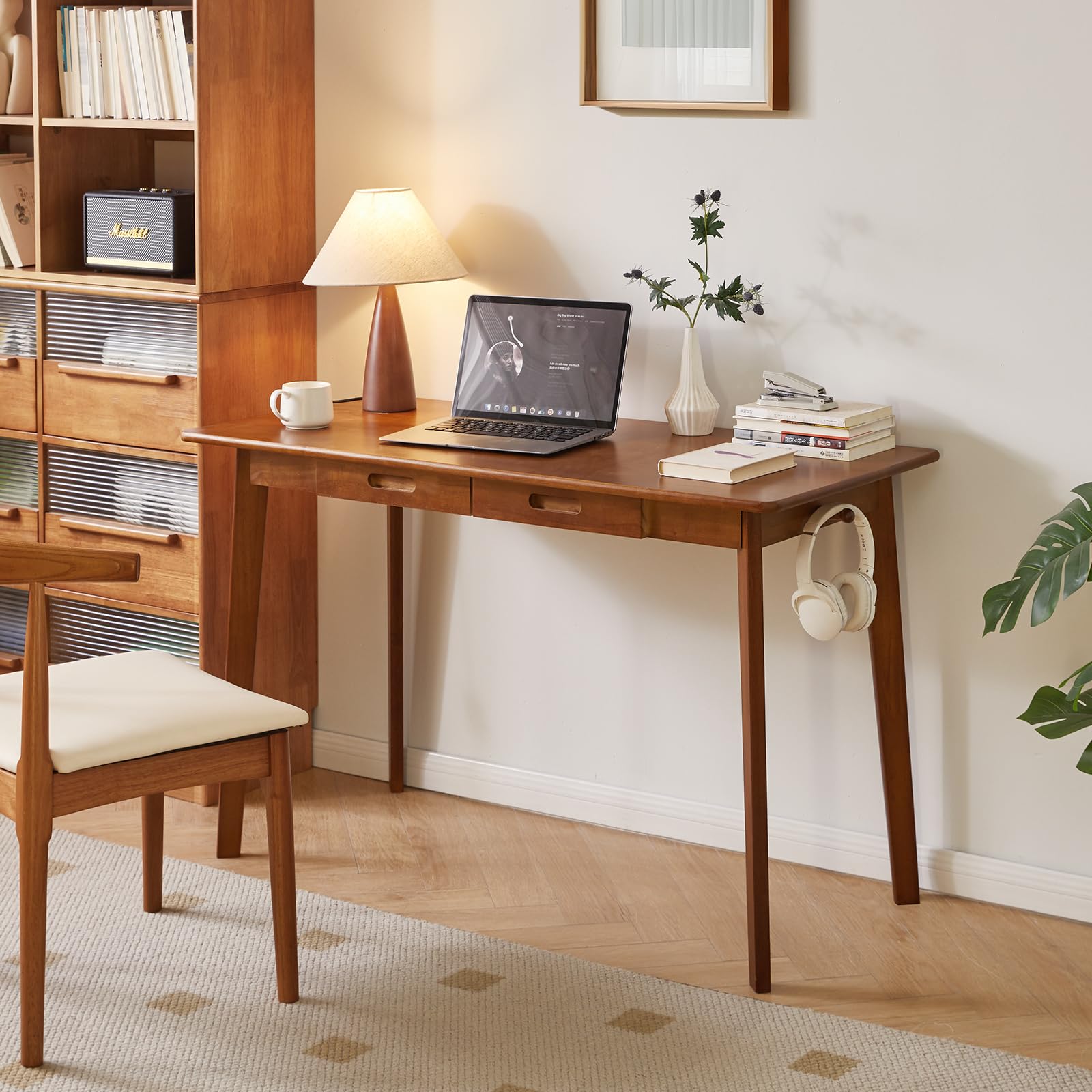 Aibiju Massivholz-Schreibtisch mit Schubladen, 120 cm Computertisch für modernen minimalistischen Stil, Home-Office-Schreibtische, Studenten-PC-Schreibtisch für Schlafzimmer, Braun YD-WD03H