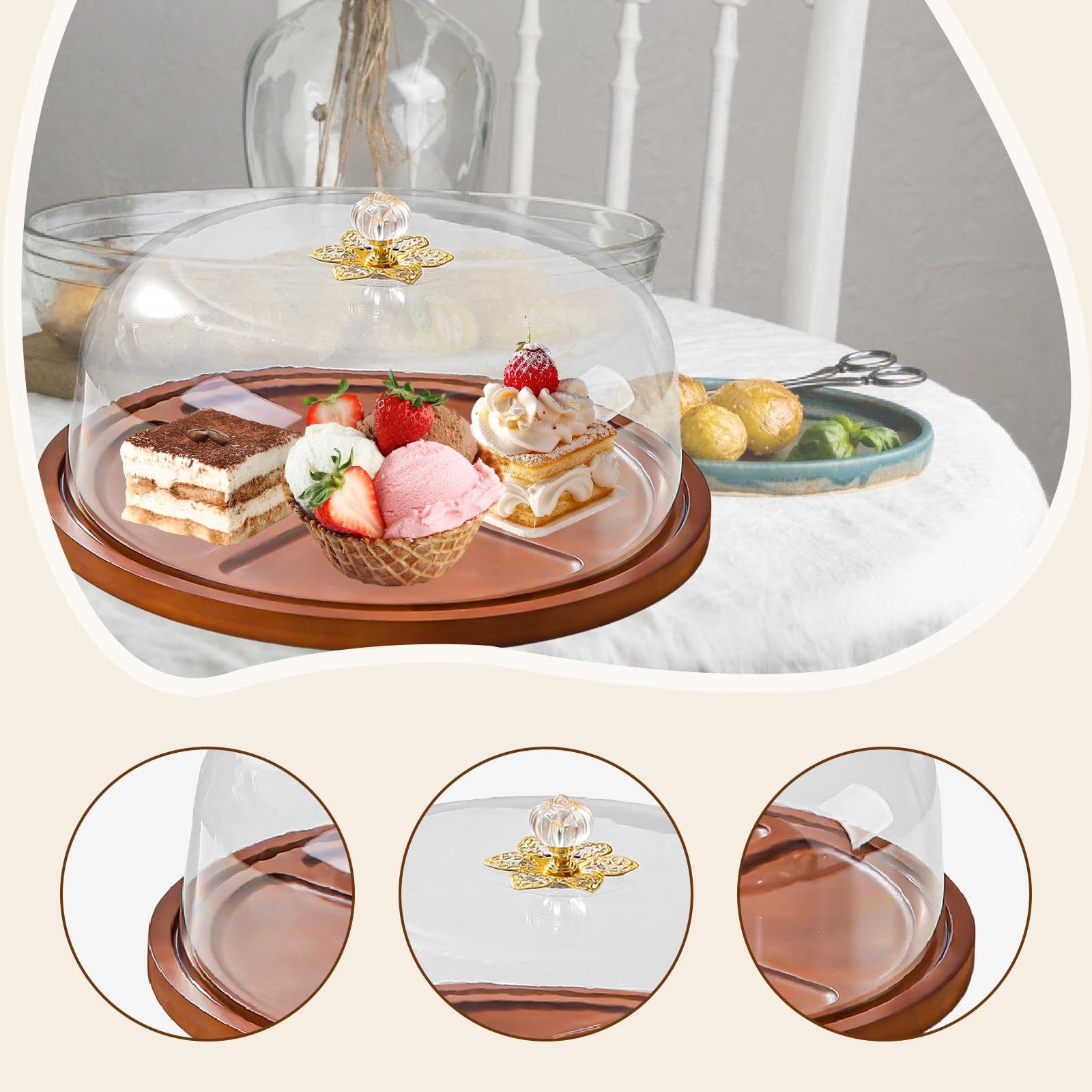 Présentoir à Gâteau avec Couverceau de Présentation à Pâtisserie Plat de Service à Dessert Cloche Transparente Bois TPE Adapté Table de, Rond 30x16cm