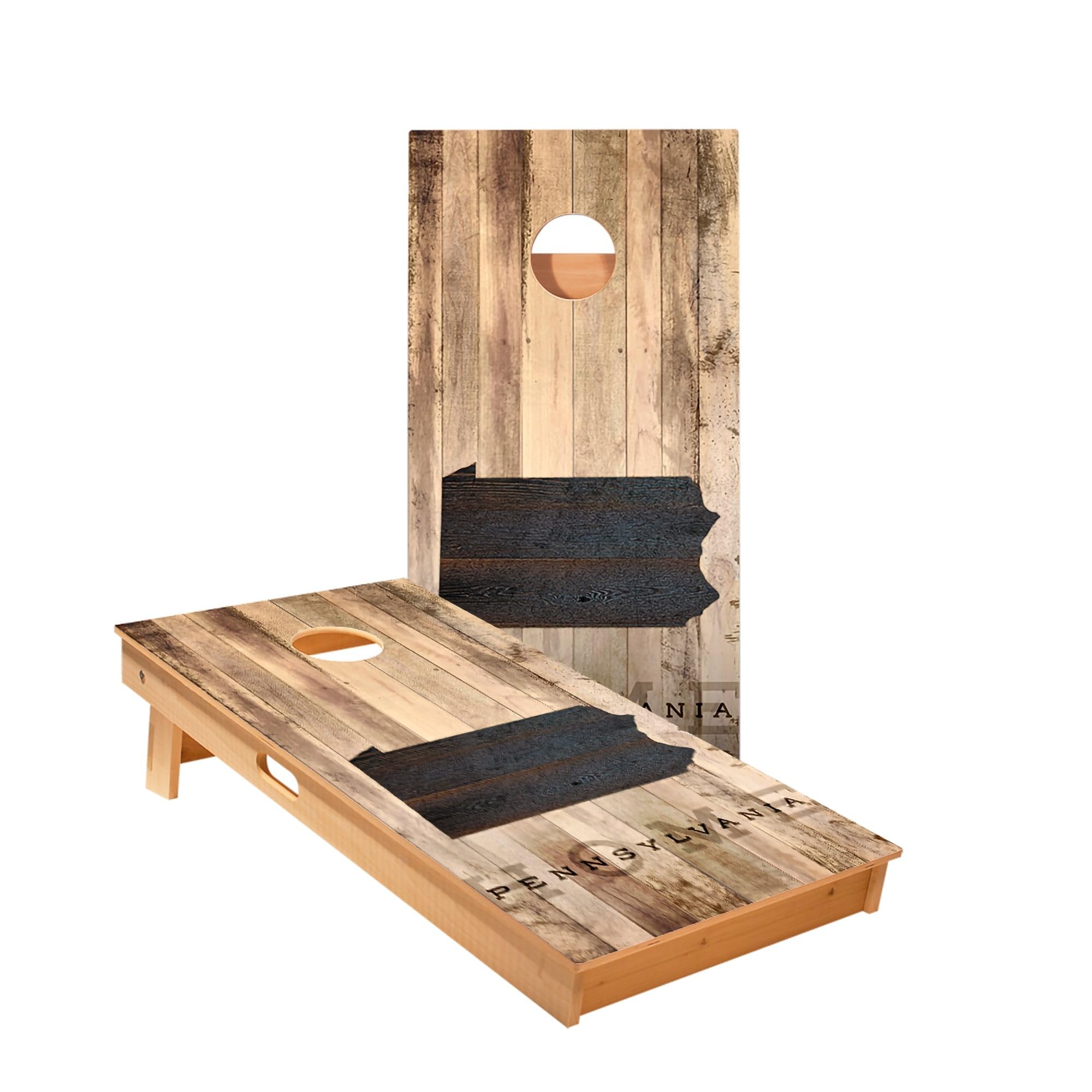 Skip's Garage Pennsylvania Rustic Cornhole Boards - Includes (2) Boards (Resin Bags) + (1) Carry Case, (2) Hole Lights & (2) Edge Lights