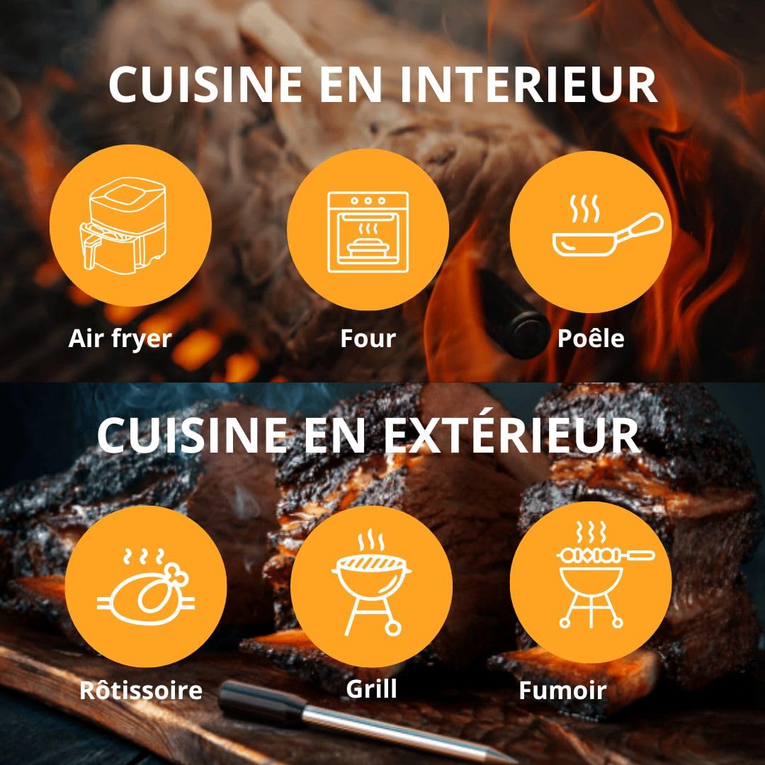Orka Meat It 3 | Thermomètre à Viande Intelligent Sans Fil - Bluetooth - 3 Capteurs de Température - Pour Barbecue, Four, Gril, Sous Vide, Fumoir (Jusqu'à 100 m de Portée)