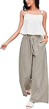 Yeokou Women's Wide Leg Pants Drawstring Striped Cotton Mid Rise Casual Long Palazzo Trousers with Pockets