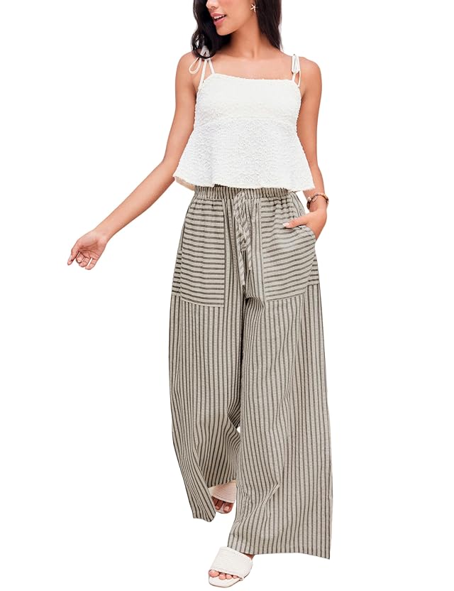 Yeokou Womens Wide Leg Pants Drawstring Striped Cotton Mid Rise Casual Long Palazzo Trousers with Pockets