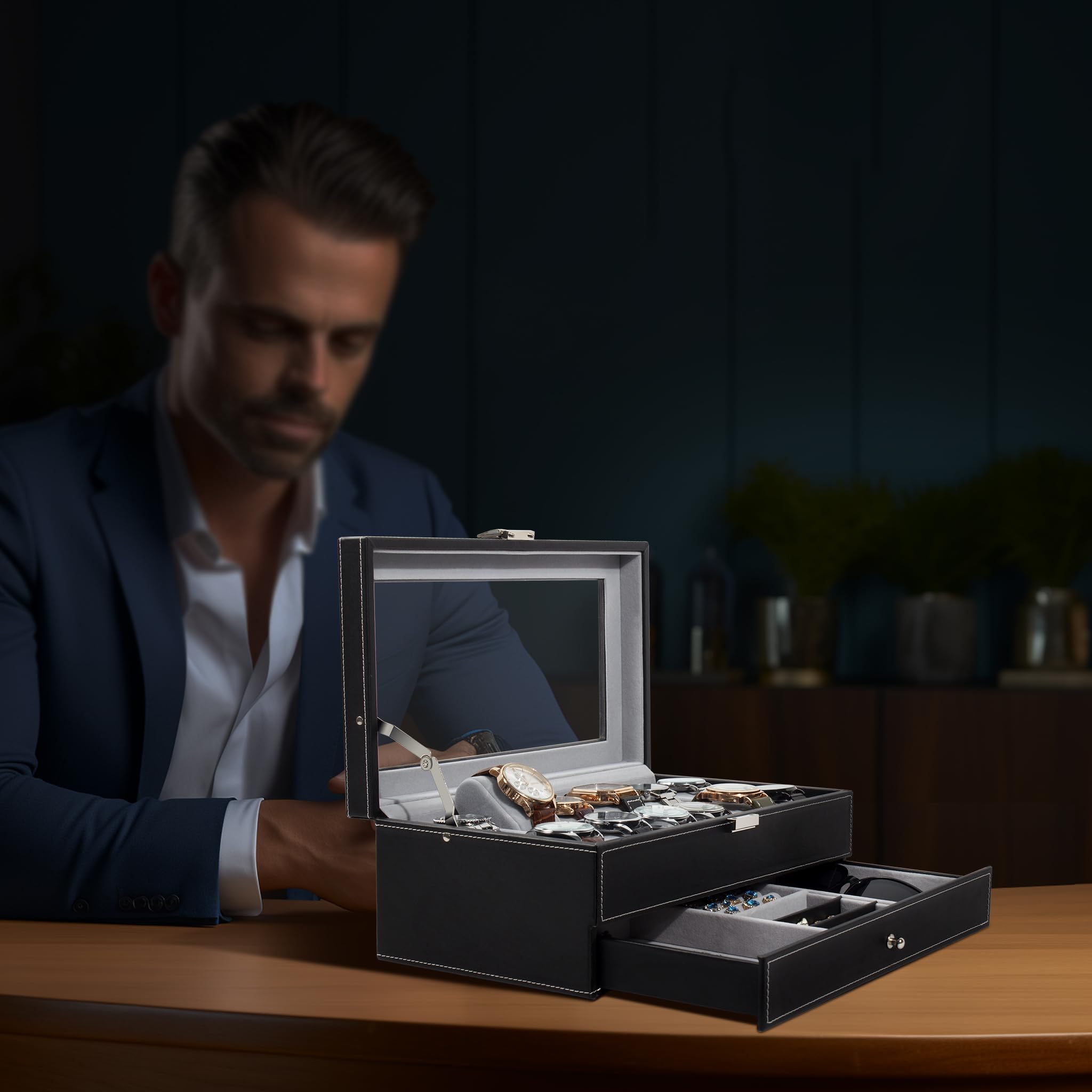 Boîte à montres à 12 emplacements pour montre pour homme avec couvercle en verre véritable, organiseur de montres en cuir synthétique avec étui à bijoux, anniversaire pour homme et femme, noir