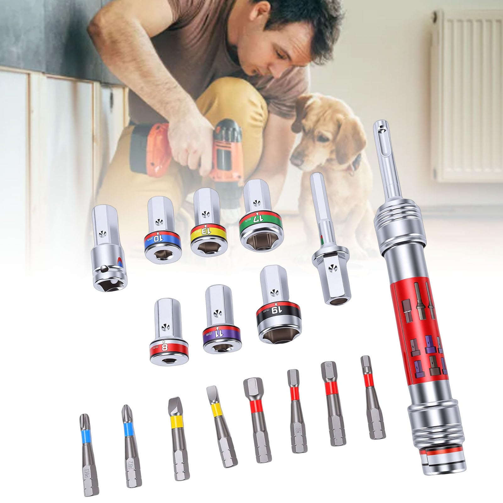 Fockety Set di Prese con Prolunga per Barra a Impatto, 7 Pezzi in Acciaio | Set di punte per cacciavite per installazione domestica, adattatore esagonale da 8 mm, kit di strumenti per la riparazione