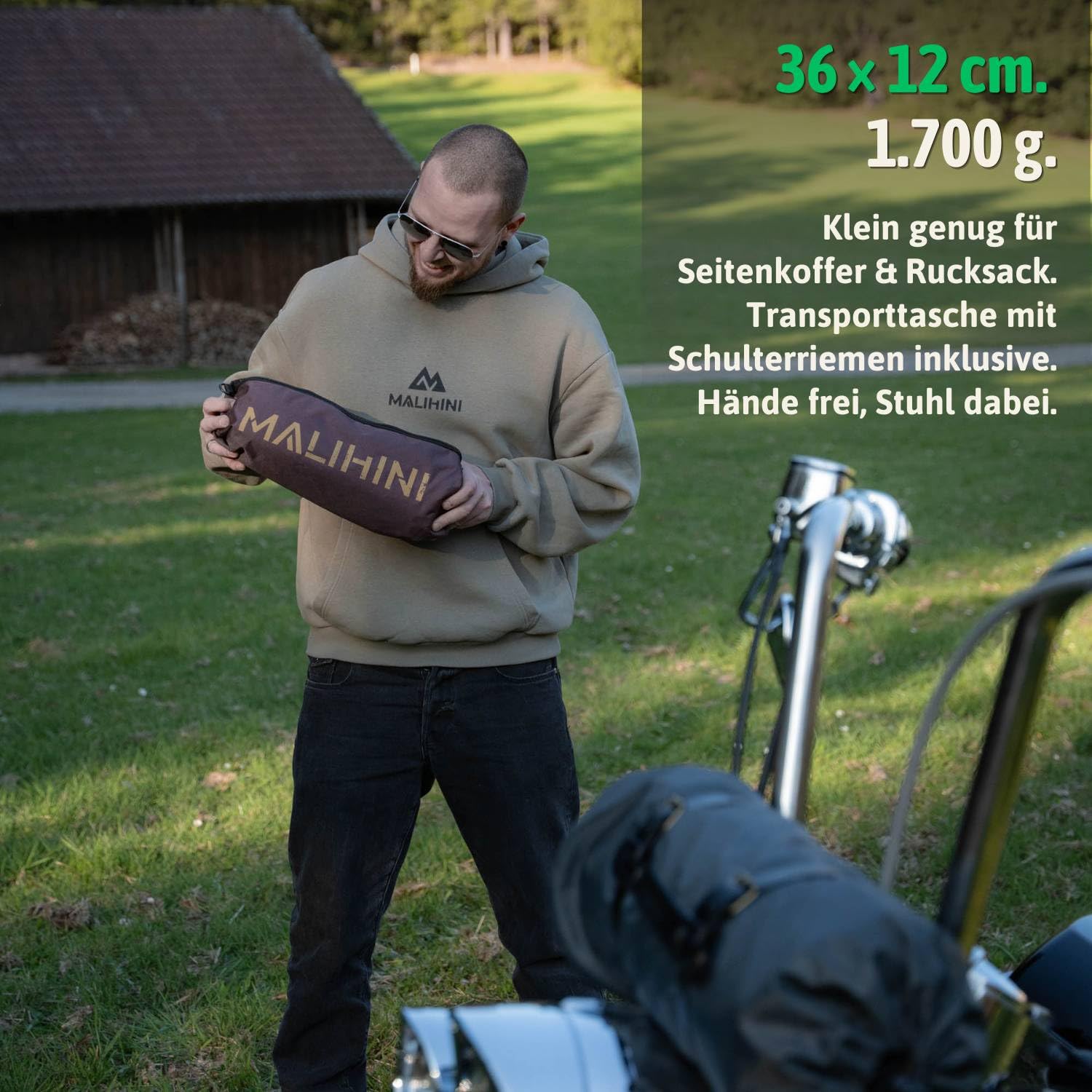 MALIHINI Campingstuhl faltbar [150 kg, 360° Fußgelenk] Kleines Packmaß 36 × 12 cm, leicht & kompakt | Drehbarer Campingstuhl mit Getränkehalter & Tasche | Camping & Outdoor (Braun)