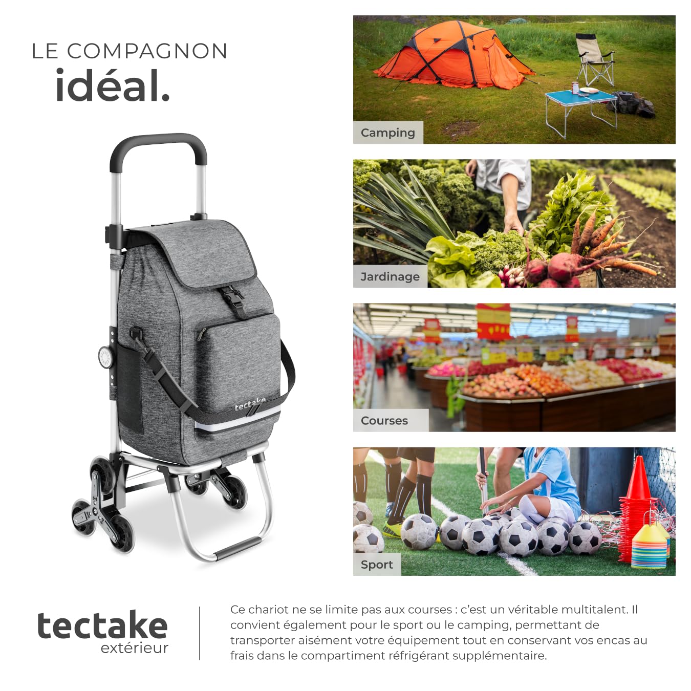 tectake® Caddie de Courses 56L, 3en1, Chariot de Courses, Sac à Bandoulière, Diable, 2 Roues étoiles Tout-Terrain, Compartiment Isotherme, Chariot à roulettes Pliable, Caddie, Cabas Roulette Marché