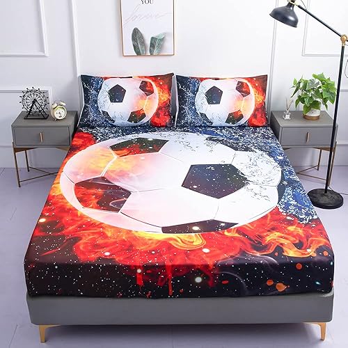 Juego de sábanas deportivas para balón de fútbol, tamaño Queen, 3 piezas con diseño de llama de hielo y galaxia, balón de fútbol para niños (sábana