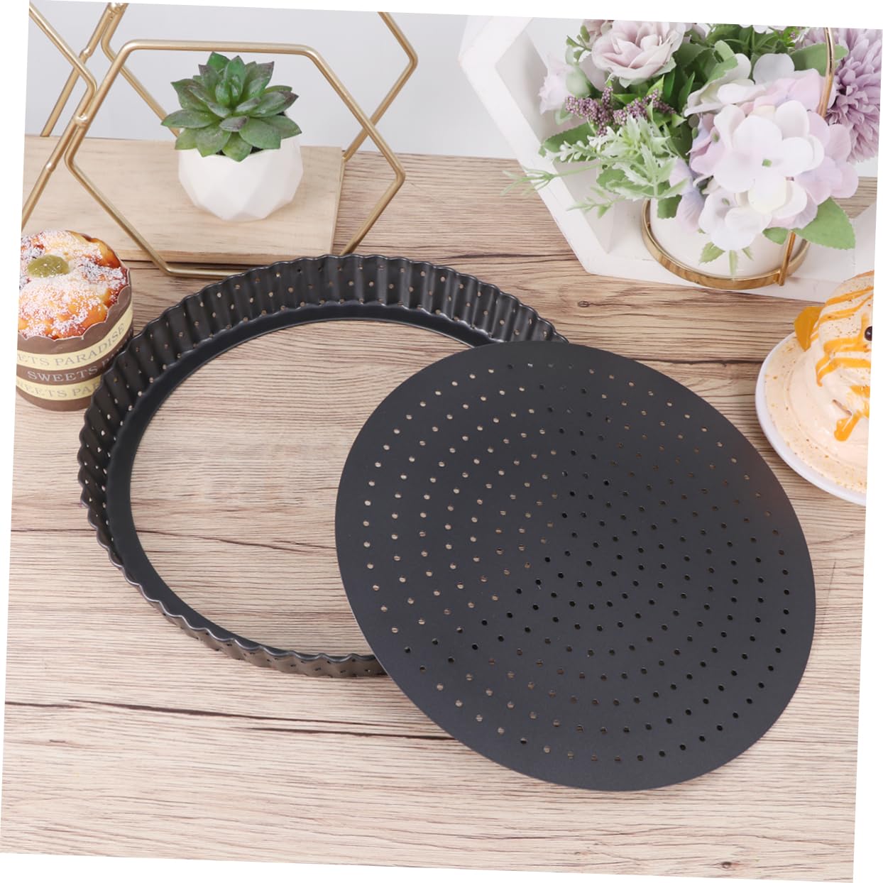 PRETYZOOM Teglia per Pizza Anello Microforato Crostata 24 Cm in Acciaio al Carbonio con Base Rimovibile e Rivestimento Antiaderente per Forno Rotonda