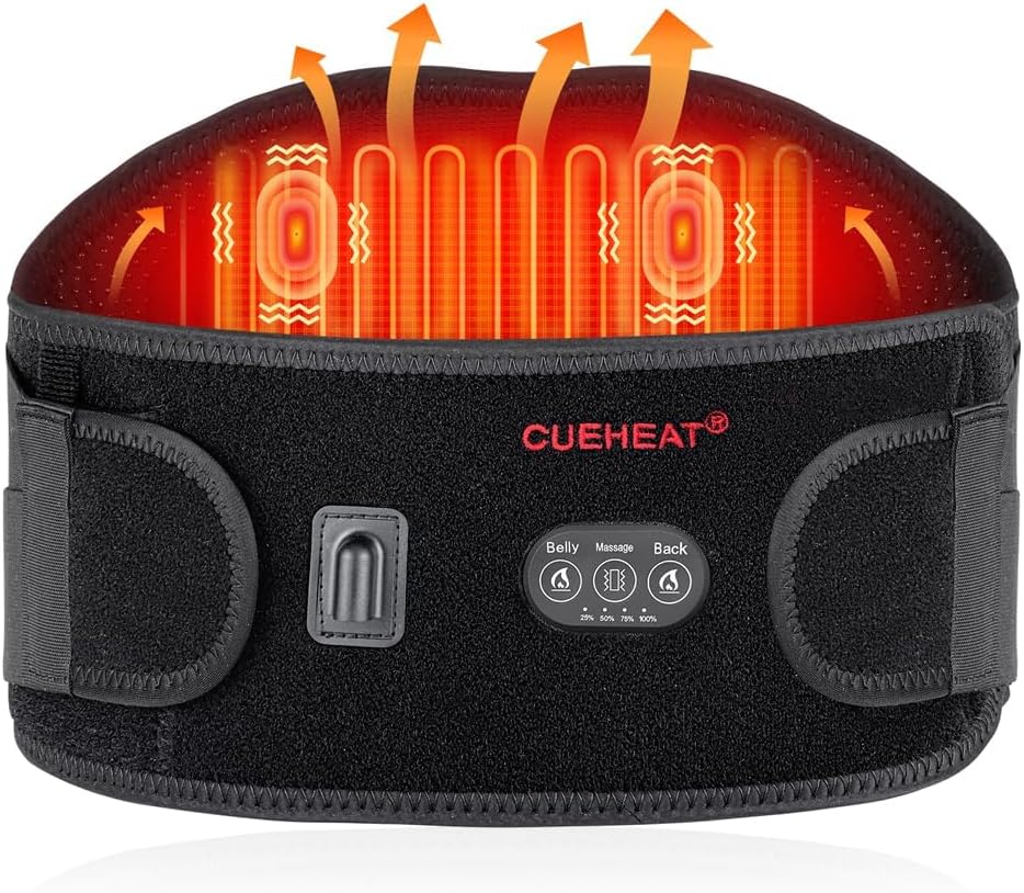CUEHEAT Heated Waist Belt, Cordless Heating Pad for Low Back, Electrical Heating and Massage, Rechargeable Battery Powered (Black Upgraded,49 inches)