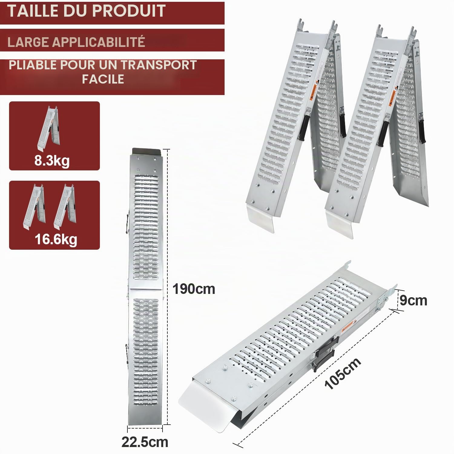 Lot de 2 rampes d'accès pliables - Charge maximale : 400 kg - 190 x 22,5 x 4,5 cm - Rampe d'accès pour voiture et voiture - Rampe de chargement pour moto, tondeuse à gazon et fauteuil roulant