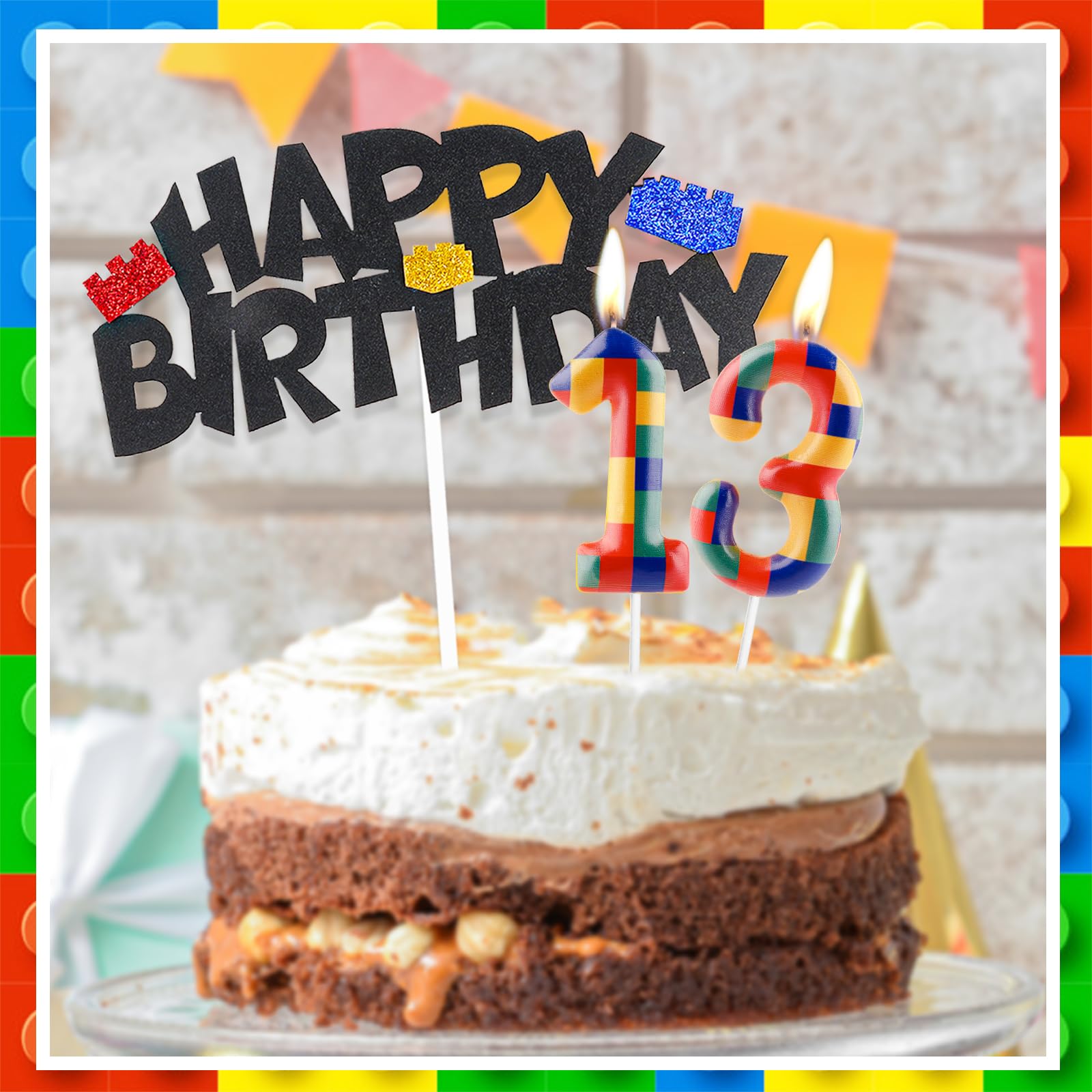 Déco Anniversaire 8 Ans – Topper Et Bougie Chiffre 8 En Thème Building Block, Pour Gâteau De Garçon Ou Fille, Facile à Installer