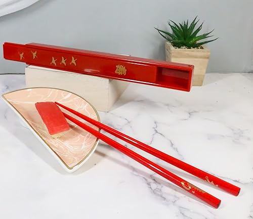 Miniatura 9 de Ebros Gift Hecho a mano en Japón japonés reutilizable hermoso diseño de grúa rojo lacado madera juego de pares con caja de estuche, cocina asiática,
