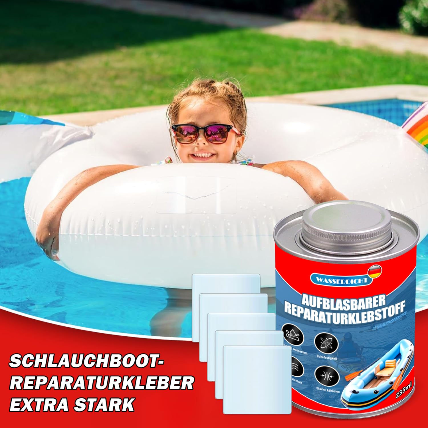 235ml Schlauchboot Reparatur Kleber Extra Stark, PVC Reparaturkleber, mit Pinsel und Anleitung, wasserdicht & transparent, für Zelte, Planen, Poolfolien, Dachbahnen & Outdoor-Ausrüstung