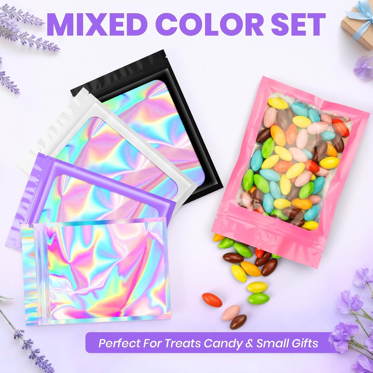 ANZNKU 100PCS Holographic Bags 5x7 Multicolor Mylar Bags Resealable, Smell Proof Sealable Small Gift Bag Foil Pouches Packaging Baggies for Goodie Snack Candy Jewelry Party Favors Halloween Christmas