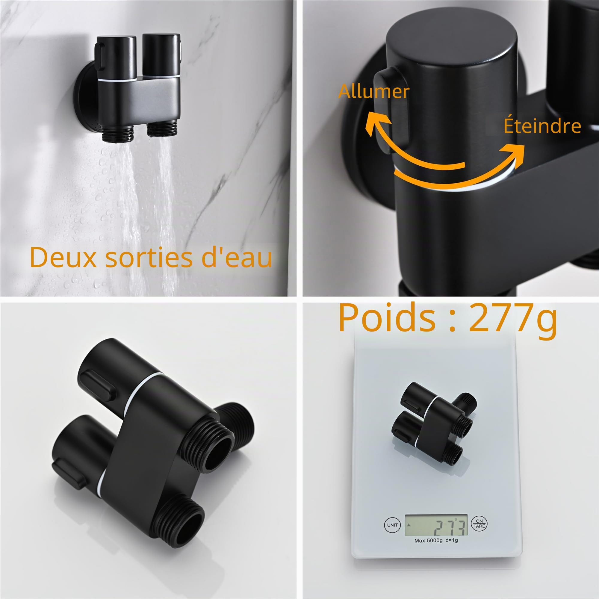 Kit Douchette WC Noir, Laiton Douchette Toilette Un Entré et Deux Sortis Douchette WC Kit Complet avec Pulvérisateur de Bidet à 2 Fonctions, 1.2m Tuyau de Douche, Douchette Hygiénique pour WC