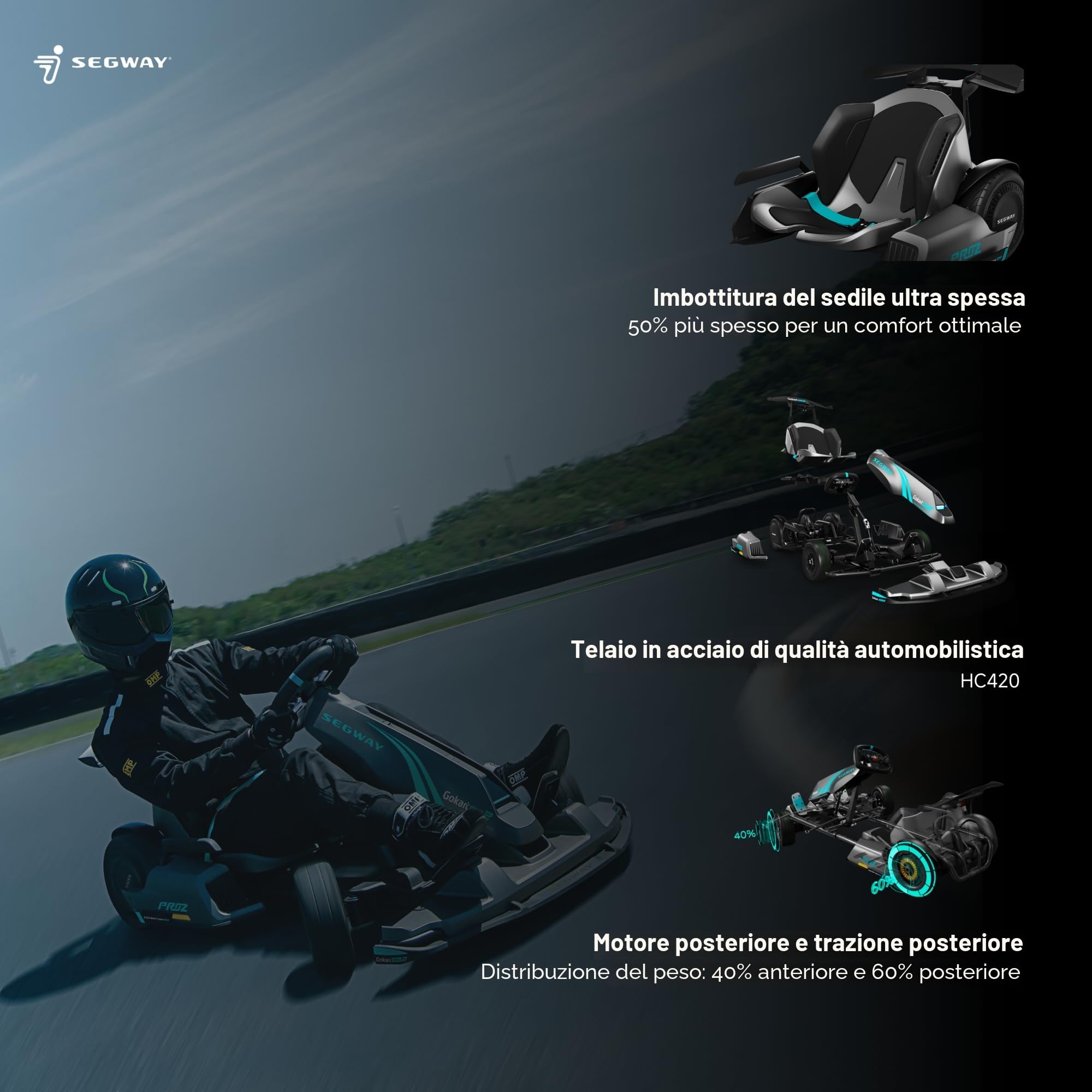Segway Gokart PRO 2 – Veicolo Elettrico 3 in 1, 4800 W, Velocità fino a 43 km/h, Design Nero/Blu, per Adulti e Ragazzi