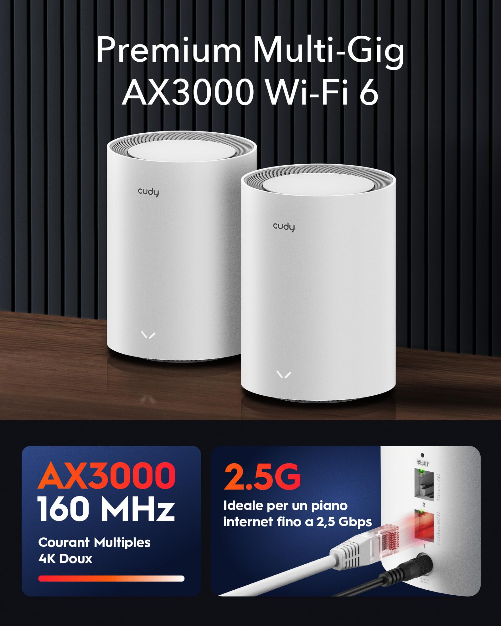 Cudy AX3000 2,5G Sistema di Mesh Wi-Fi 6, 2,5G WAN, Ideale per 1Gig+ Internet, Wireguard, OpenVPN, Zerotier, CloudFlare, M3000 2 pack (M3000 2-Pack V2.0)