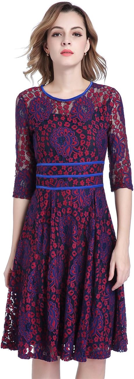 Women's Vintage Flower Lace 3/4 Sleeve Cocktail Evening Party Swing Midi Dress(L)