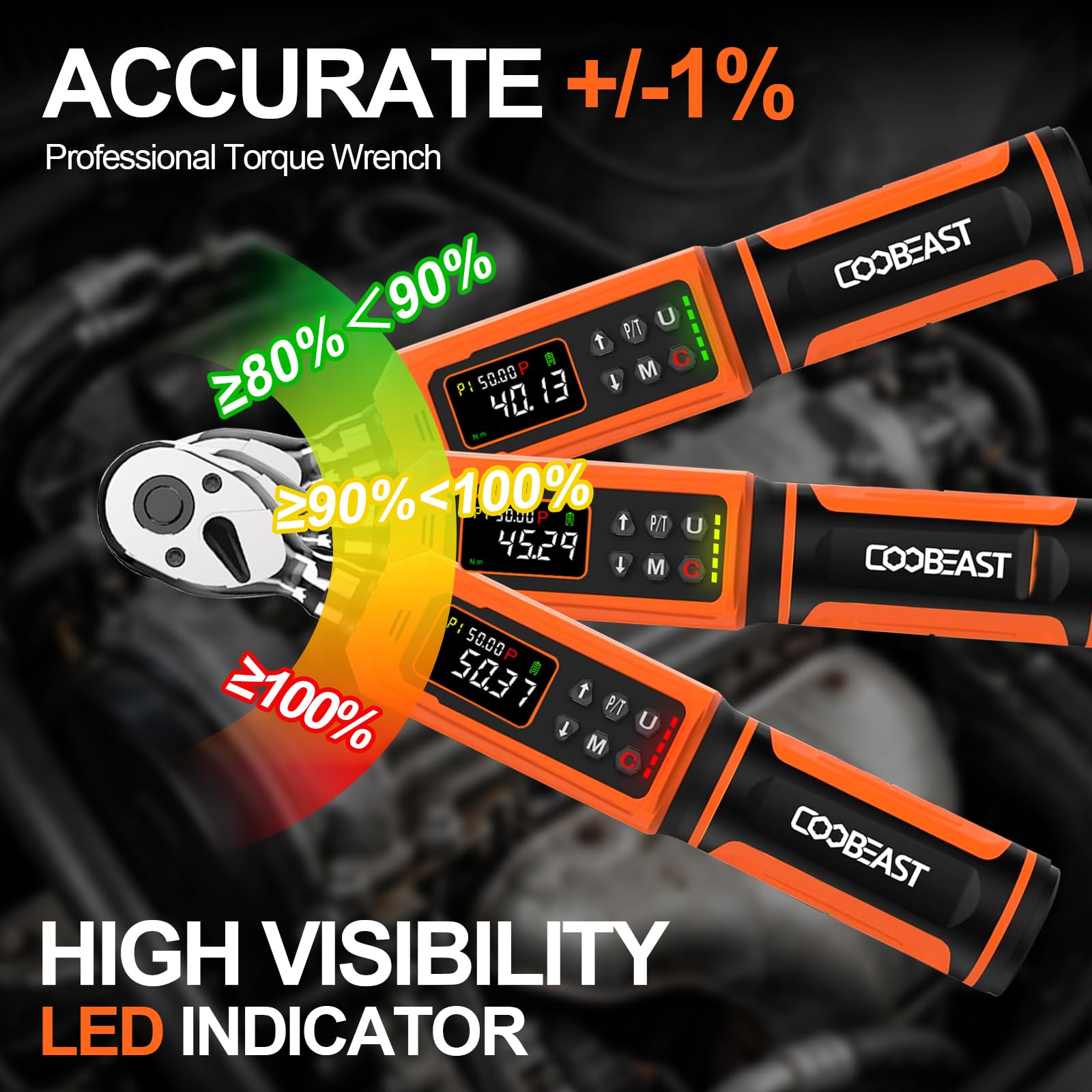 coobeast Llave dinamométrica digital, juego de llaves dinamométricas electrónicas de 3/8 con valor preestablecido (0.66-44.29 pies-libras/0.9-60 Nm), zumbador y flash LED, cinco unidades de llave