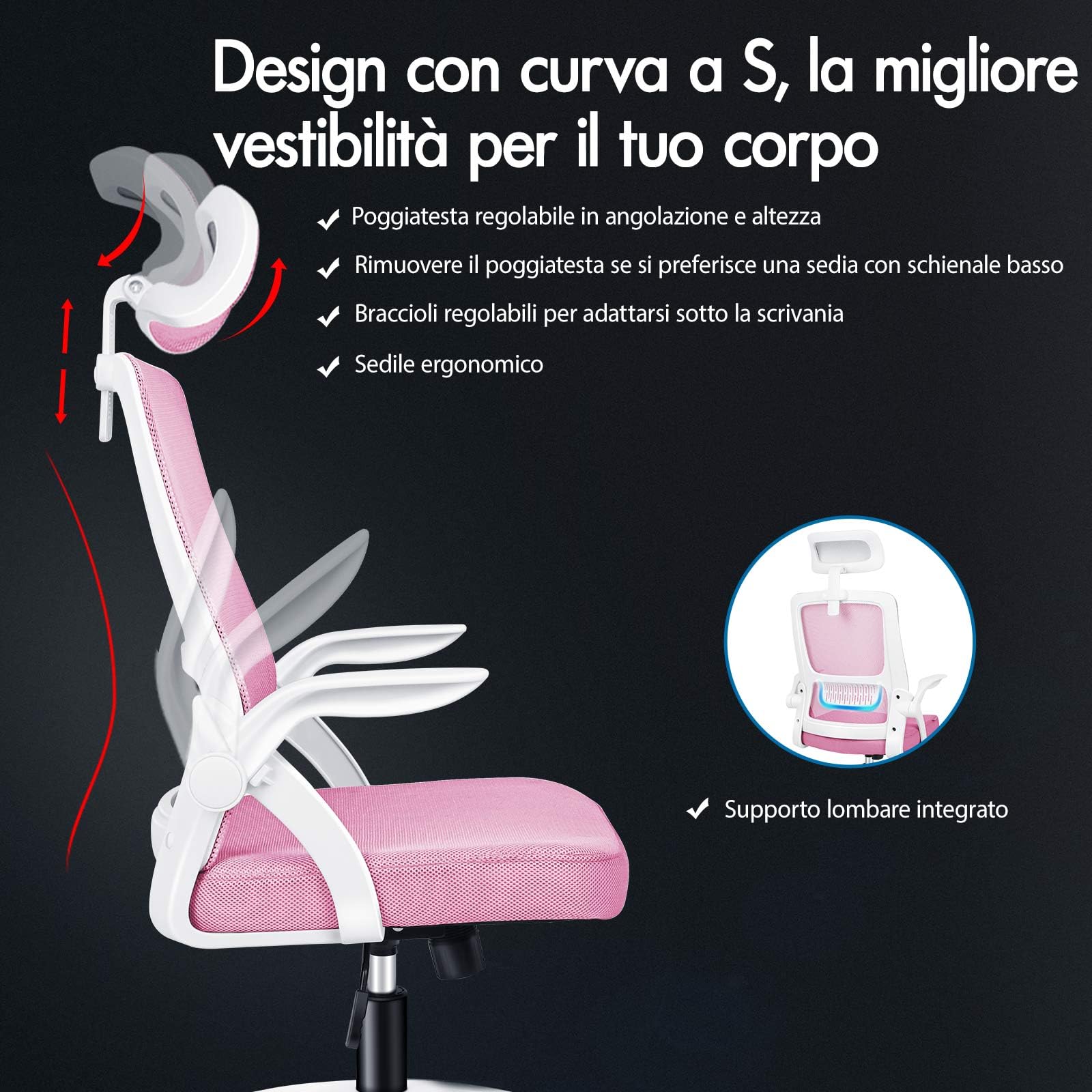 ALFORDSON Sedia da Ufficio, Poltrone con Poggiatesta, Sedia da Scrivania per Computer con Supporto Lombare, Sedia Girevole per Home Office, Rosa