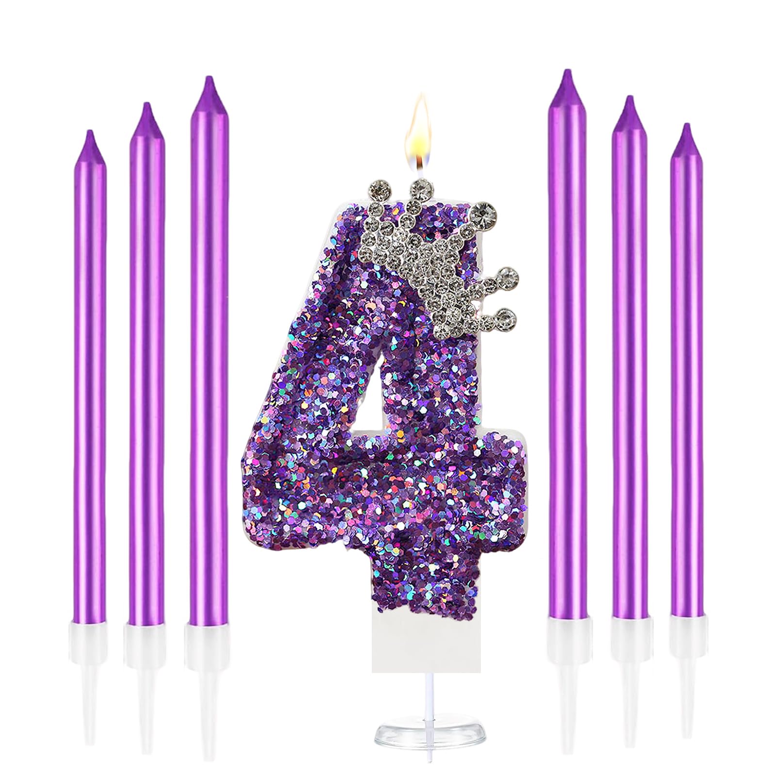 K Pop Number Birthday Candles, Glitter Crown Birthday Candles with 6 Pcs Long Candles, Stylish Kpop Music Themed Cake Topper for Girls Birthday Party Supplies (4 Candle, Holo Purple)