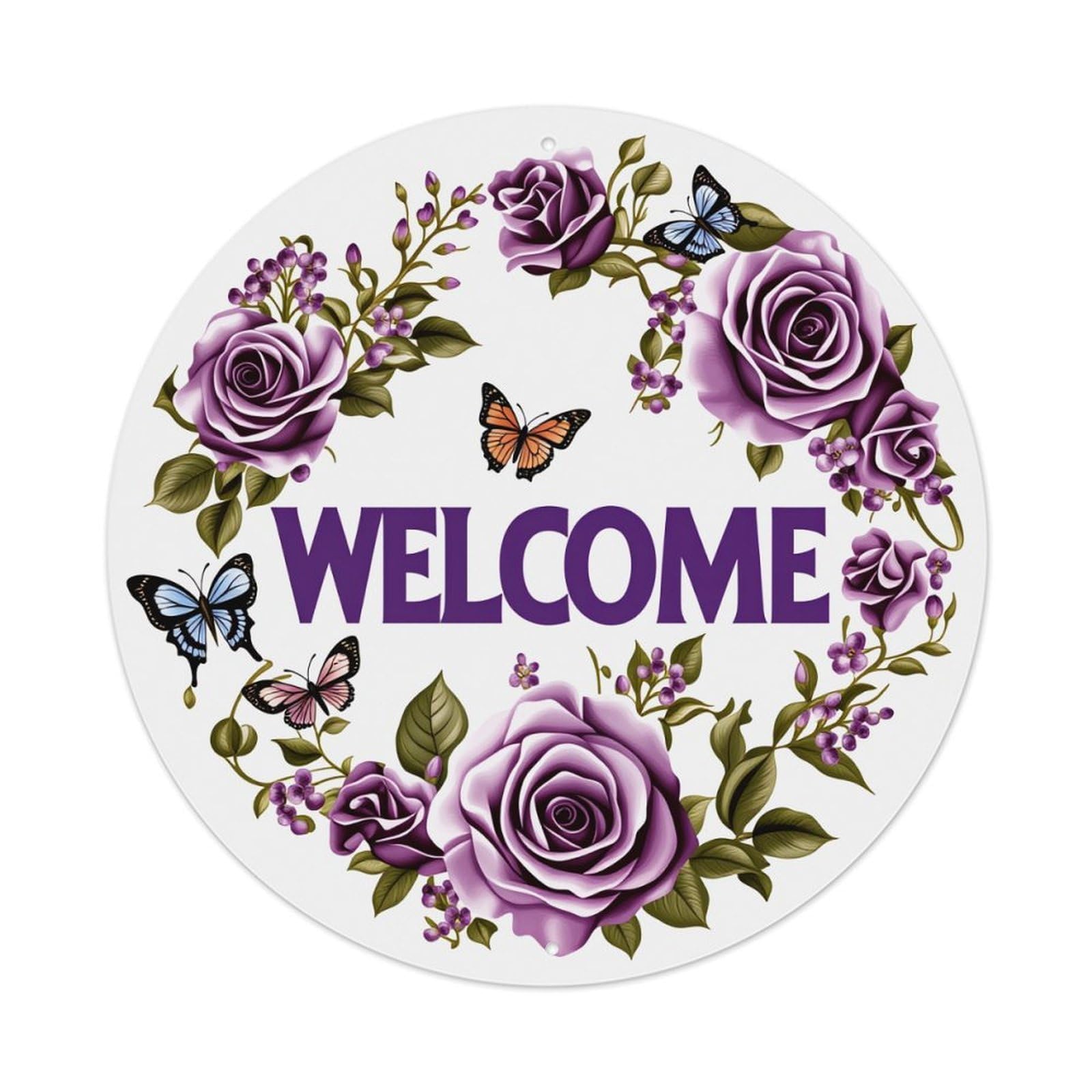 Wmlzdnwr Vintage Purple Roses Butterflies Welcome Wreath Pattern Round Tin Sign,Retro Wall Art,Metal Poster For Home, Bar, Garage, Cafe, Rustic Indoor & Outdoor Decor, 8X8 Inches