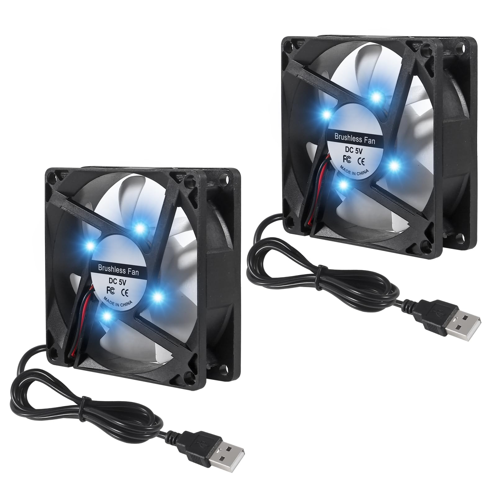 AITRIP 2PCS 80mm USB Lüfter 5V Blauer LED Lüfter Brushless 8025 80x25mm für Kühlung DIY PC Computer Gehäuse 3D Drucker CPU Kühler Radiatoren