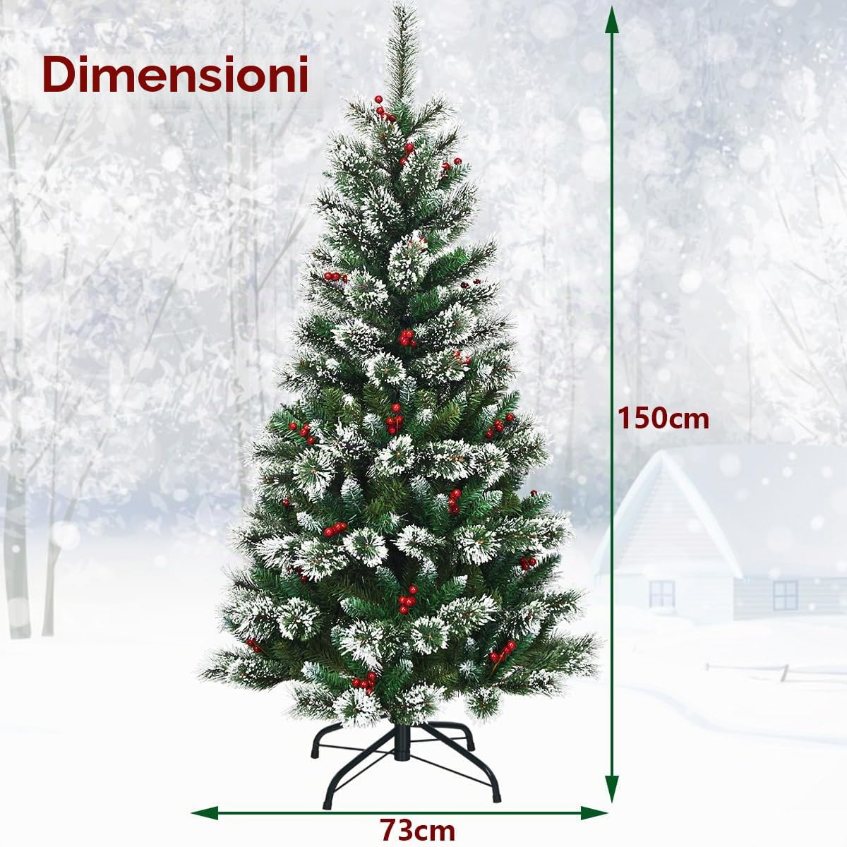 KOMFOTTEU Albero di Natale Artificiale 150/180/210/230/270cm in PVC, Albero di Natale ad Apertura Automatica ad Ombrello con Base, Christmas Tree (150 cm, Innevato con Pigne)