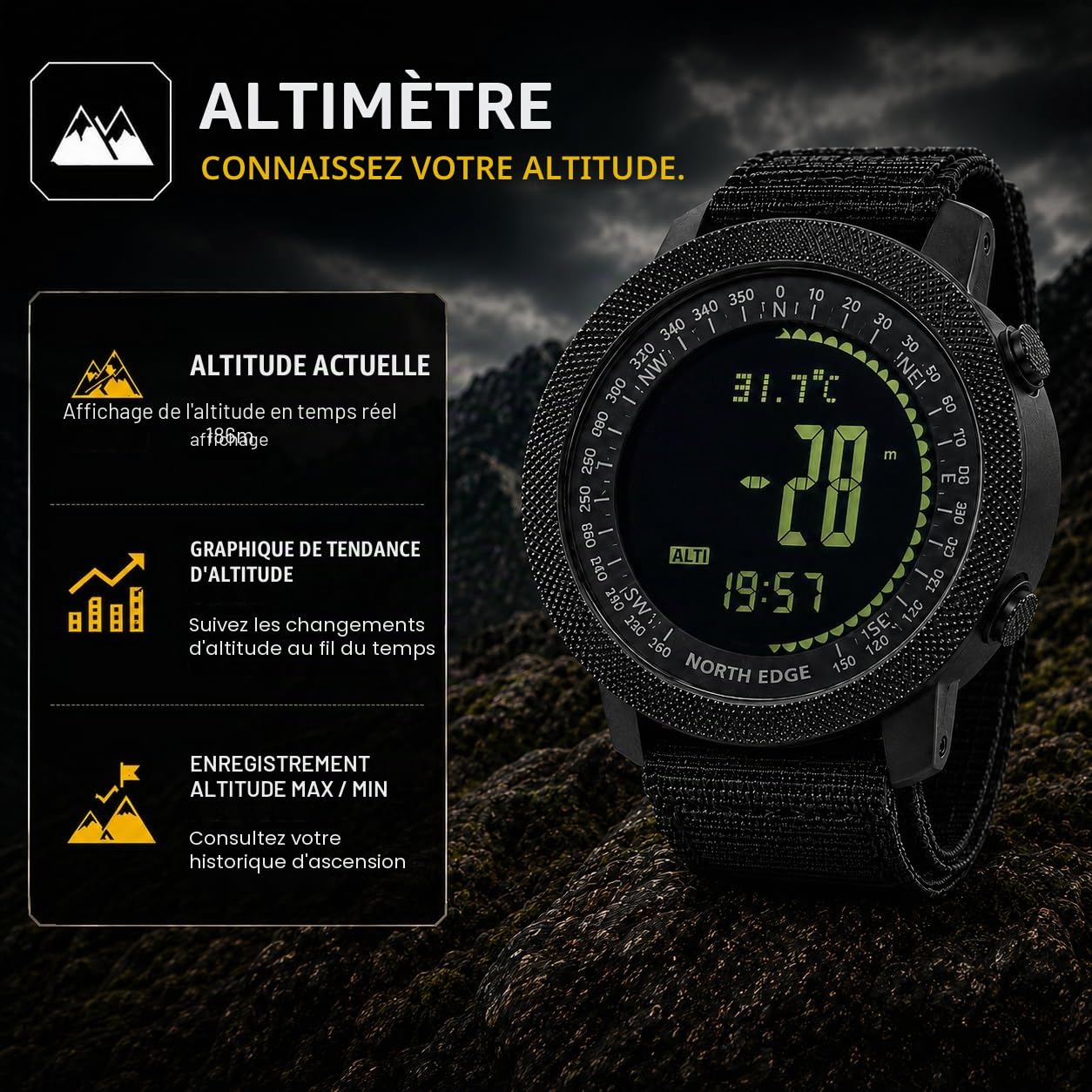 NORTH EDGE Apache Montre de Sport numérique Militaire pour Homme étanche 50 m avec chronomètre Alarme Compte à rebours Double Temps altimètre baromètre Boussole Montres-Bracelets