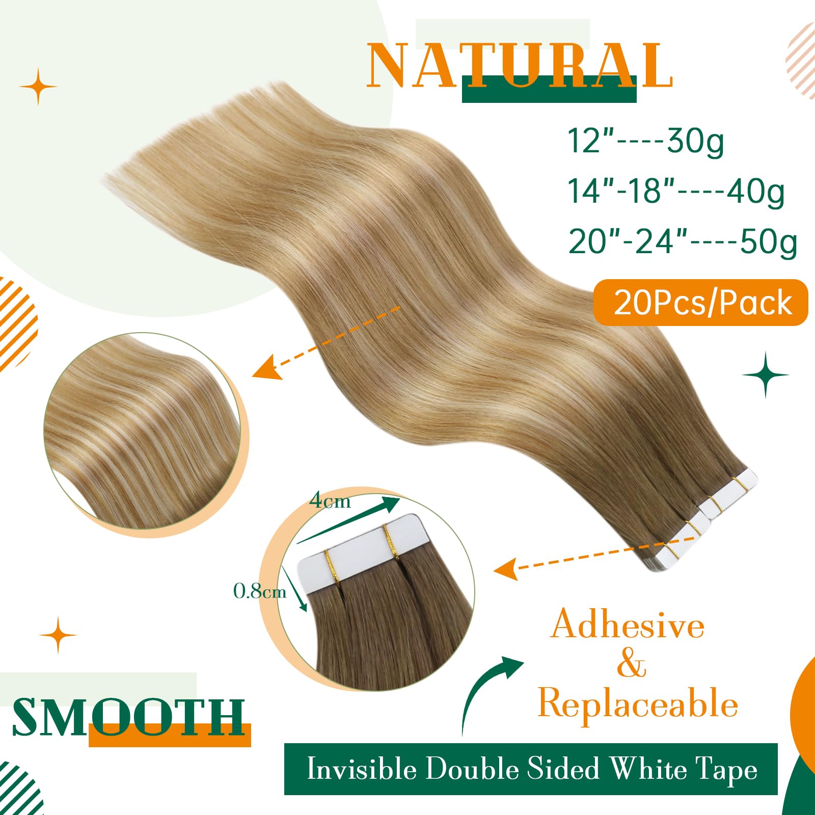 Easyouth Ombre Tape in Hair Extensions Human Hair Balayage Tape in Extensions Real Human Hair Brown to Blonde Balayage Tape in Human Hair Extensions Tape ins Remy 12 Inch 30g 20Pcs - Image 3