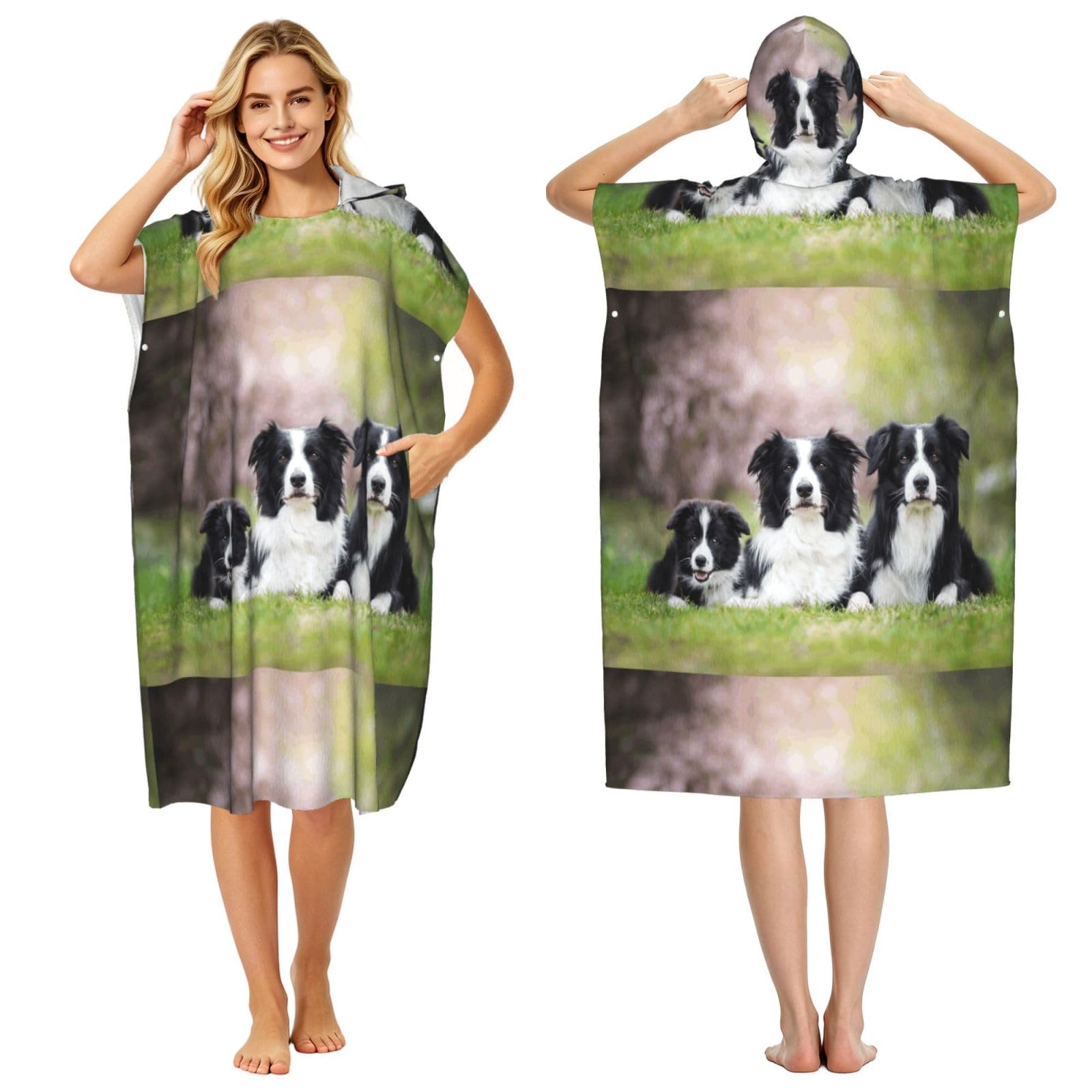 Poadnly Border Collie Family, Adult Hooded Beach Towel 90 x 110 cm,Changing Bath Robe, Surf Poncho Towel For Women Men