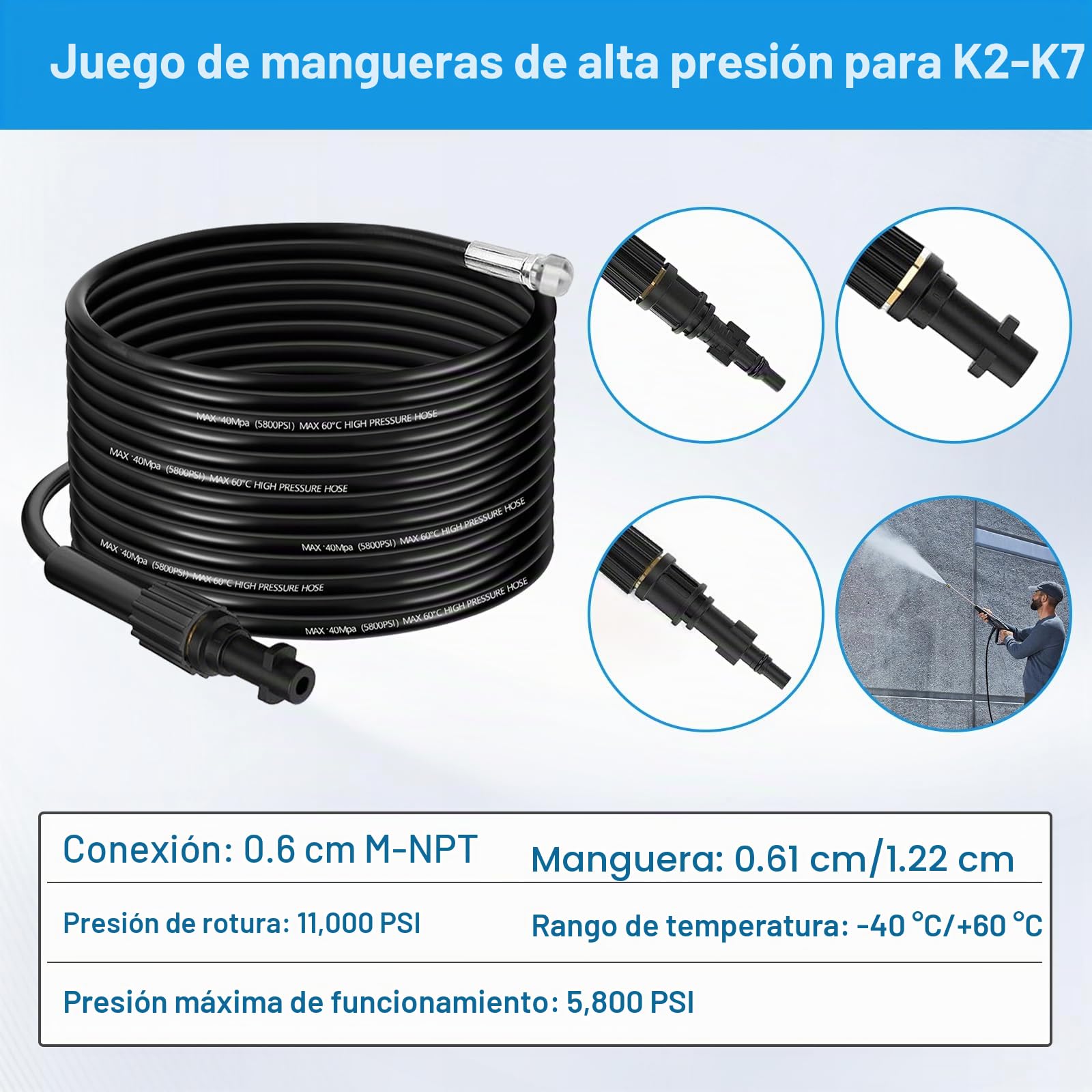20M Desatascador Tuberías a Presión Adecuado para Kärcher K2 K3 K4 K5 K7 Limpiadoras a Presión, Manguera Desatascador Tuberías 180Bar para Lavor Parkside y Bosch con Adaptador y Boquillas