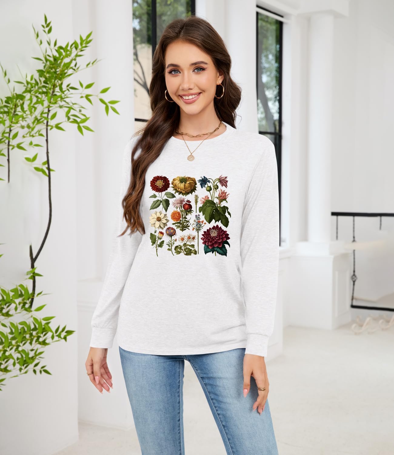 Womens Fall Cute Graphic Long Sleeve Tops Crew Neck Printed Nature Tshirts Tops - Image 2