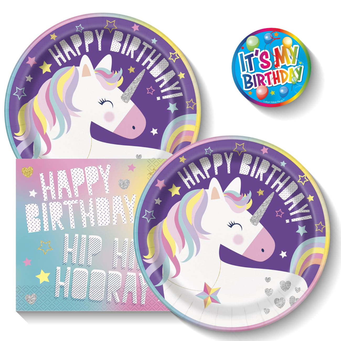 Lobyn Value PacksUnicorn Party Plates and Napkins Disposable Birthday Plates and Decorations Set of (16) 9 inch LunchPlates and (16) 6.5 Luncheon Napkins Bright Colors Ideal for Birthday Parties
