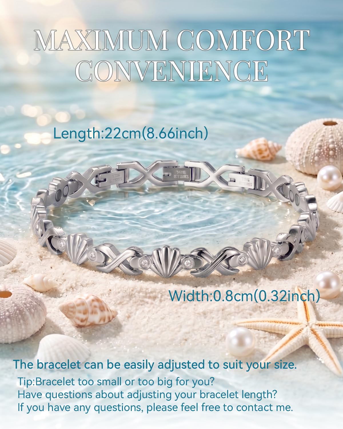 RainSo Bracelet magnétique pour femme - Bracelet en acier inoxydable 3800 Gauss avec coquillage et incrustation de diamant, comprend 3 boutons intelligents, taille réglable (argent)