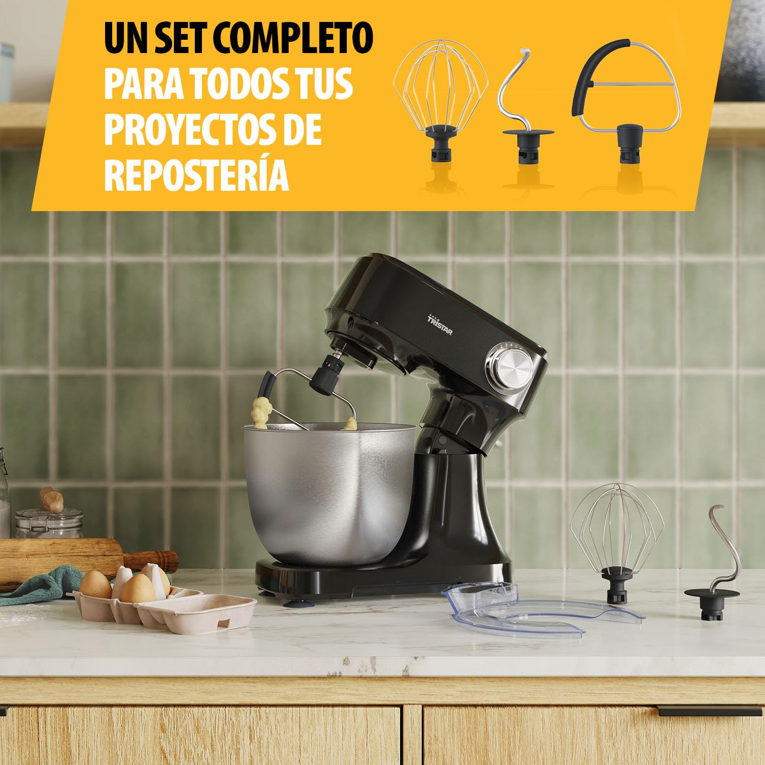 Robot de Cocina Tristar con Bol de Acero Inoxidable de 4,5 L, Potencia de 800 W, 12 Velocidades con Función Pulso, Cabezal Inclinable, Protector Antisalpicaduras, MX-4870