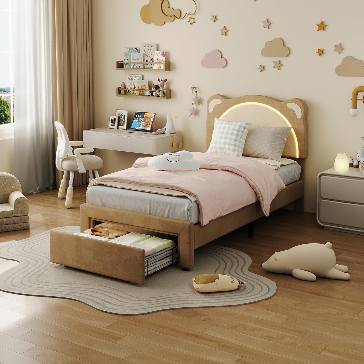 GarveeHome Twin Size LED Bed Frame with Storage Drawers,Adjustable Headboard with Cute Bear Design,Soft Velvet Fabric Bed Frame for Kids,Solid Wood Slat Support,Noise-Free,Easy Assembly,Brown