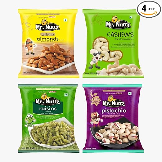 Premium Dry Fruits Combo Pack of 4 | , California Almonds 250g, Whole Raw Cashew Nut 250g, Roasted Salted Cashew 250g, Dried Raisins Kishmish | Total 1 kg | Healthy Dry Fruit Snacks | Kaju, Badam, Pista, Raisins Dry Combo