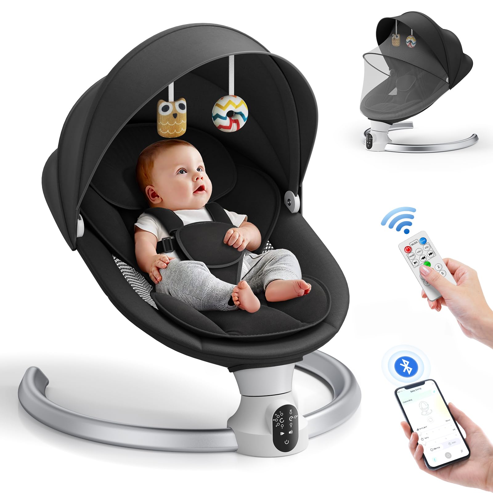 Bouncer eléctrico para bebés con 5 amplitudes de swing temporizador de 3 etapas, silla de gorila para bebés con control de aplicaciones móviles y control remoto(Negro)